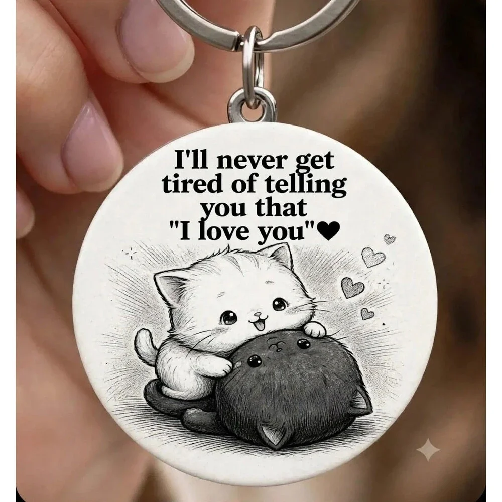 Kitty Cat Puppy Dog Cute I Love You Stainless Keychain Anime Catoon Animal Kiss